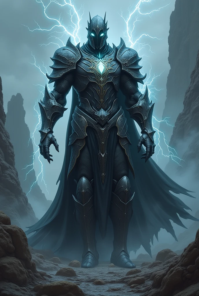 A Dark Fantasy themed armor with lightning effects coming out of it that is less diabolical