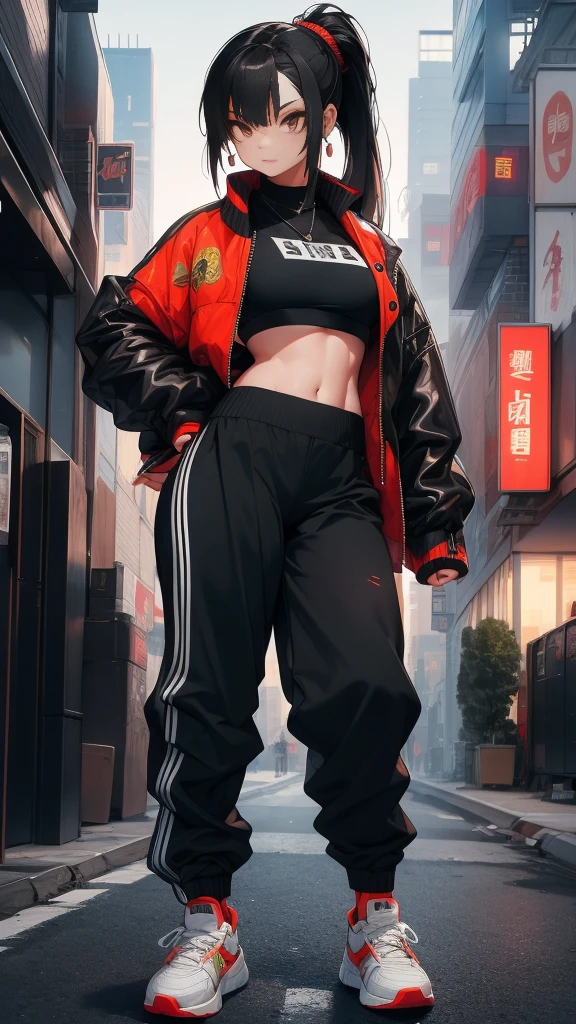 A realistic, high-quality image of a young woman around 20 years old, with a modern hip-hop style. She has her hair in a sleek ponytail, and she’s dressed in a fashionable, urban outfit with a mix of athletic wear and street style. She wears a fitted jacket over a crop top, with loose pants and sneakers. The background blends a futuristic cityscape with traditional Chinese elements, emphasizing her strong, determined character and her role as a leader.