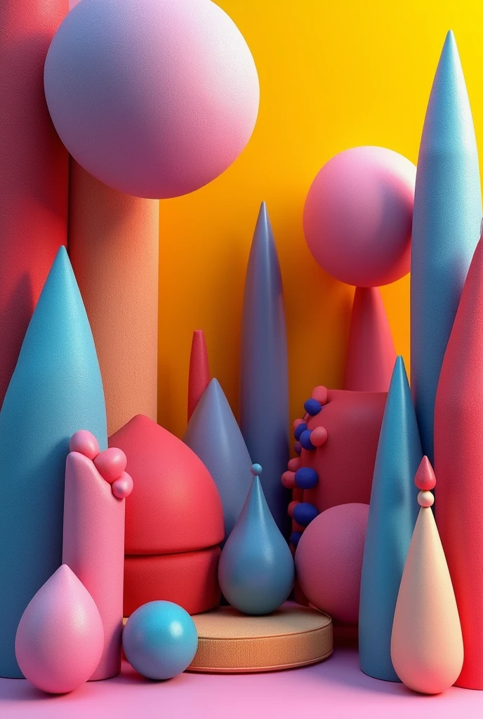 (photorealism:1.2), Pop art style, Give me 1 image of different shapes in each image, some pointed, some smooth and round, some padded, some sharp, etc. But each image seems to form a word. Please make the word not legible, make it look very abstract, but make it suggest that there could be a word but don't notice it. The word is not visible, it is blurry and hides in the shapes of what is behind it, like in a pereidolia., more creative