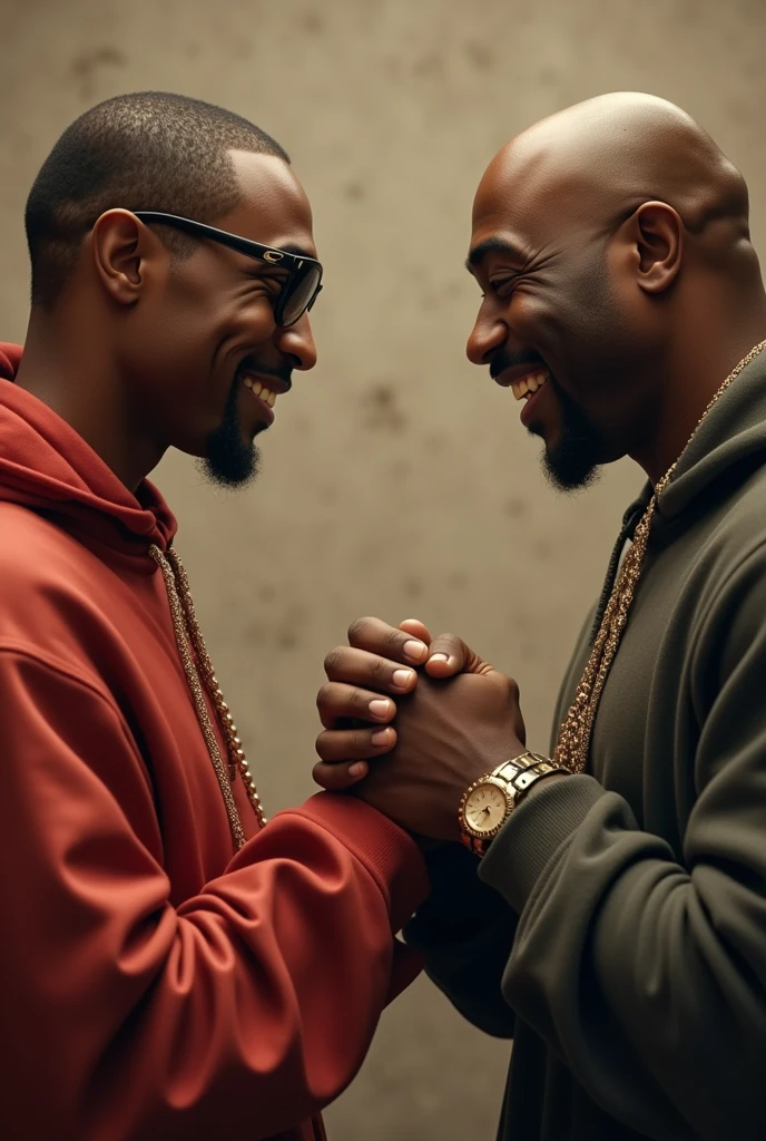 Rapper 2pac shaking hands with rapper Biggie like the good friends they are, looking forward