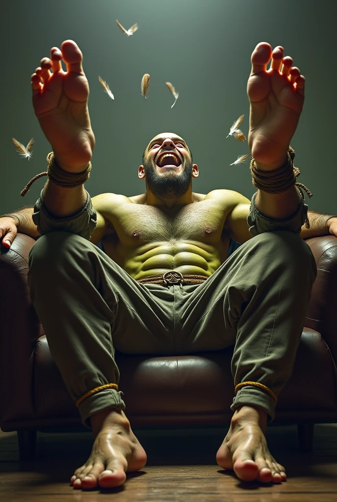 A handsome,Orc with abs tied to the sofa,Shoes taken off,Revealing two big bare feet,Both feet are locked in the foot,Feet raised,Soles facing forward,Five toes tied with rope in foot,His hands were tied tightly to one end of the sofa.,His upper body was stripped,Wearing only a pair of trousers,Being tickled by a man in a cap,His armpits were constantly tickled by feathers.,The soles of his feet were being scratched by two brushes.,The toes are also tickled by the feathers growing from the toes.。The abdomen is scratched with a brush,And he laughed,Struggling hysterically,Swinging his two feet,I want to escape from this nightmare.,But can only endure the punishment of being tickled。*(Have an expression of laughing like being tickled,Keep your feet elevated,The soles of your feet should face the screen)
