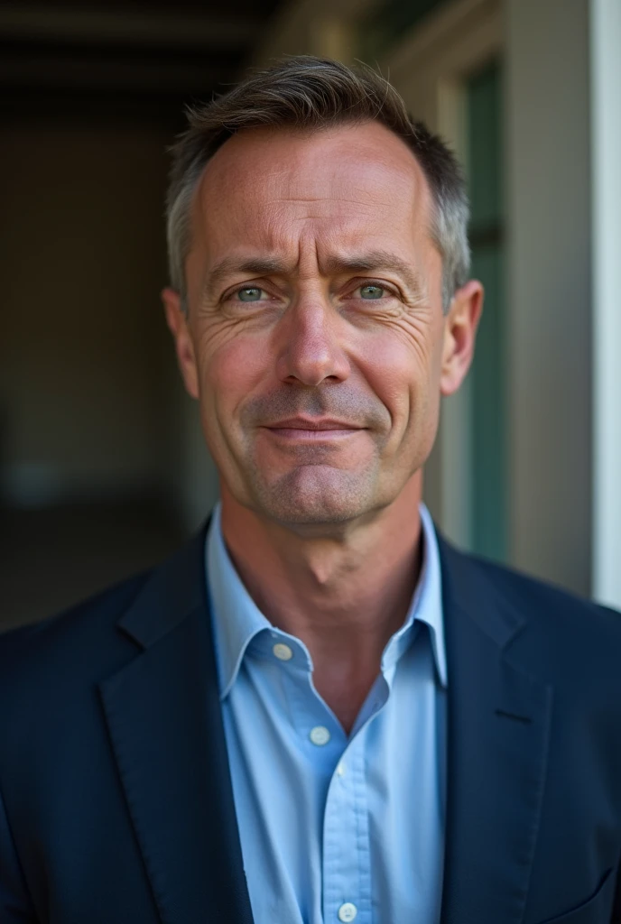 A middle-aged man with short brown hair and blue eyes, wearing a dark blue suit jacket over a light blue button-down shirt, looks sideways away from the camera with a tense expression, his expression confused. [Candid portrait, natural light], [Inspired by Steve McCurry], [Shallow depth of field, focus on eyes, natural light, soft shadows, subtle color grading]