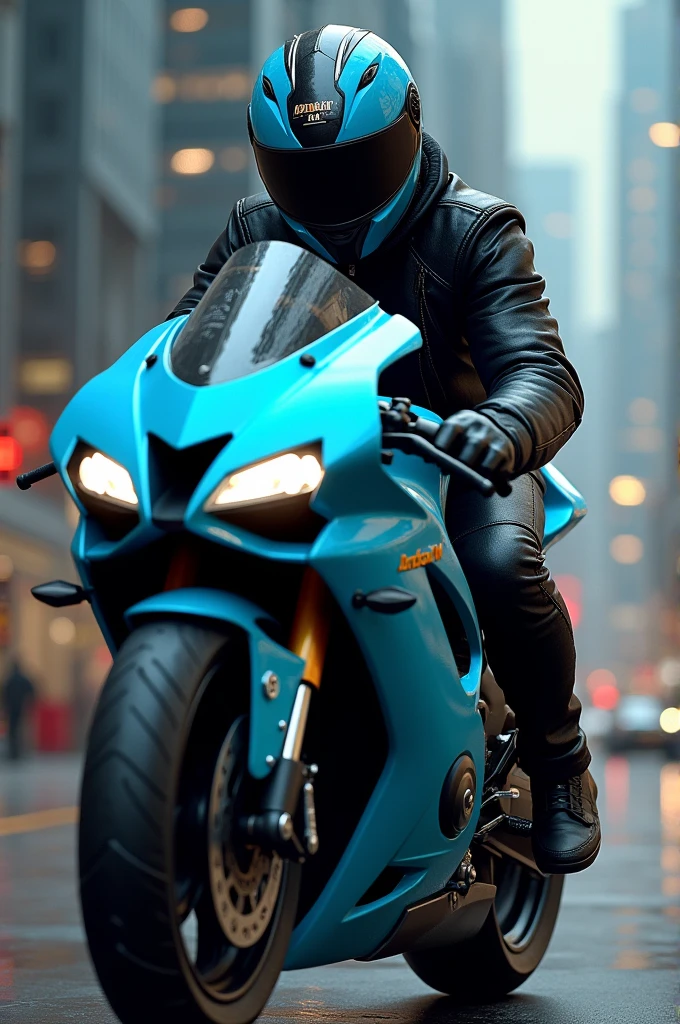 A biker with his light blue and black motorcycle with the name Ardany M on his chest.