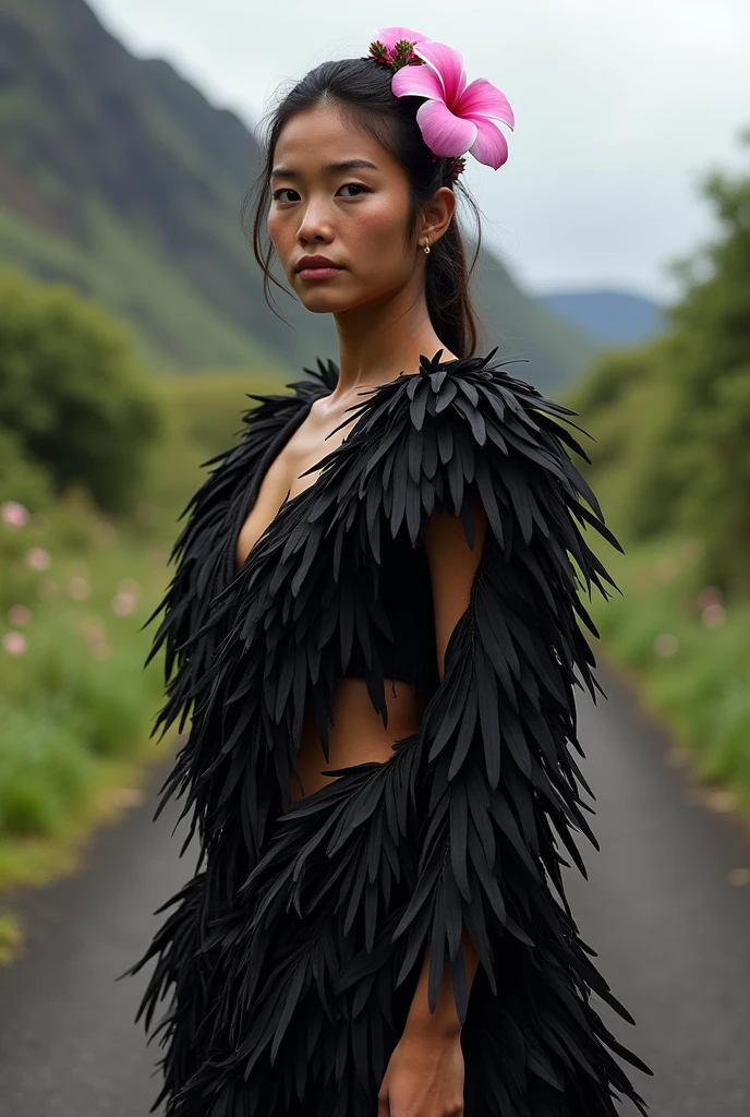 An image of a Rapa Nui woman, with Easter Island dance attire of black feathers, full body and a pink flower on the left side of the head along with a path of small pink flowers in the hair 