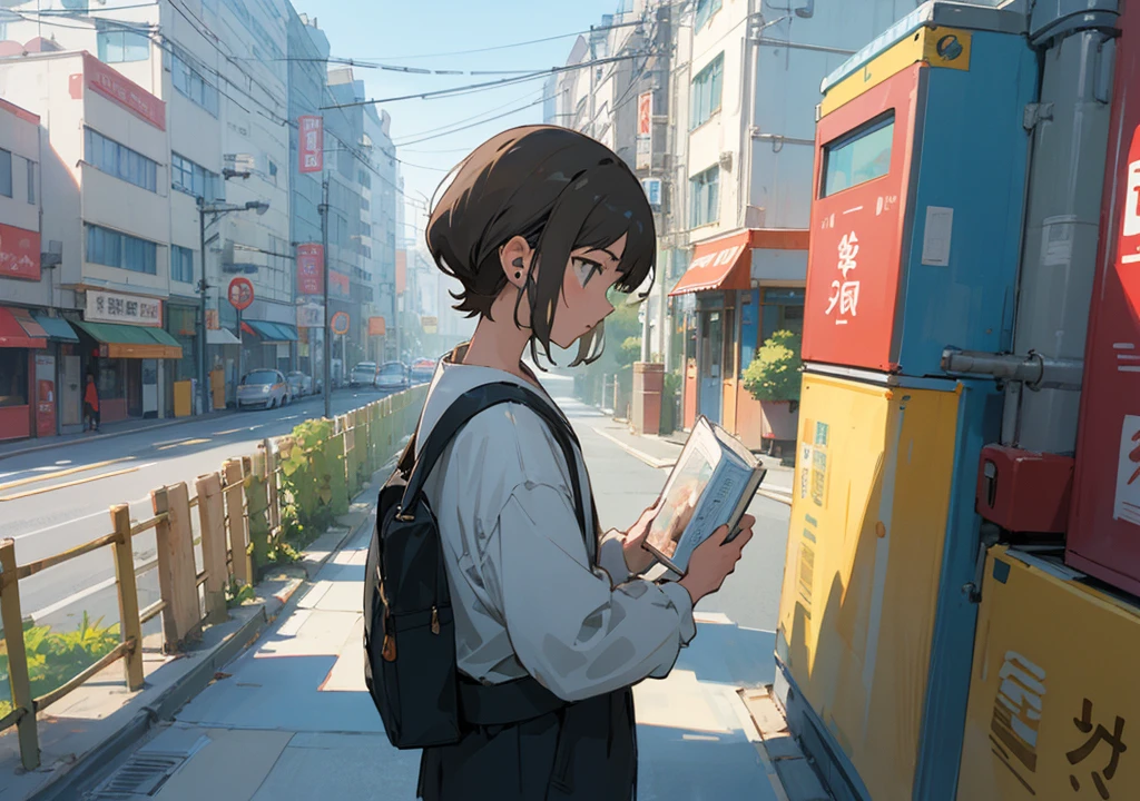 ((Highest quality)), ((masterpiece)), (detailed), One person, Ghibli-style anime with earphones、machine、reading、Ghibli-style illustrations、City Pop