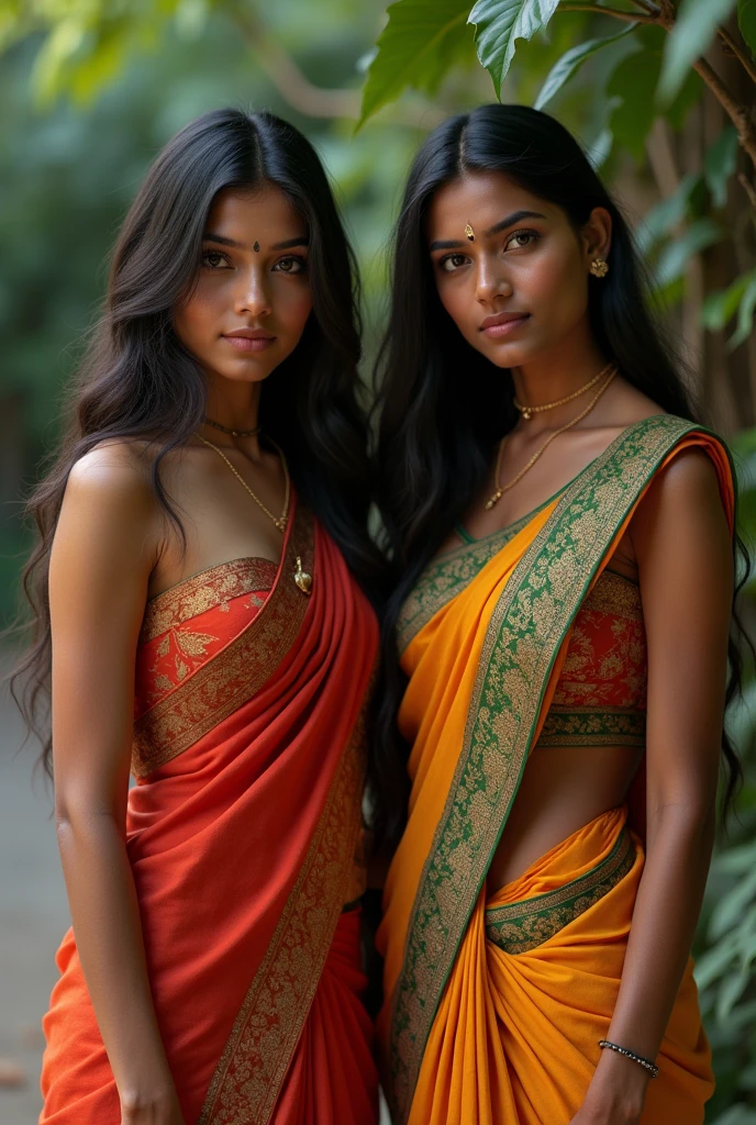 Create a picture of a 2 woman with a slim figure wearing a saree with Kerala flair.

With the face coming forward, the breast area should be of good size, and the hair should be of good length and loose.
