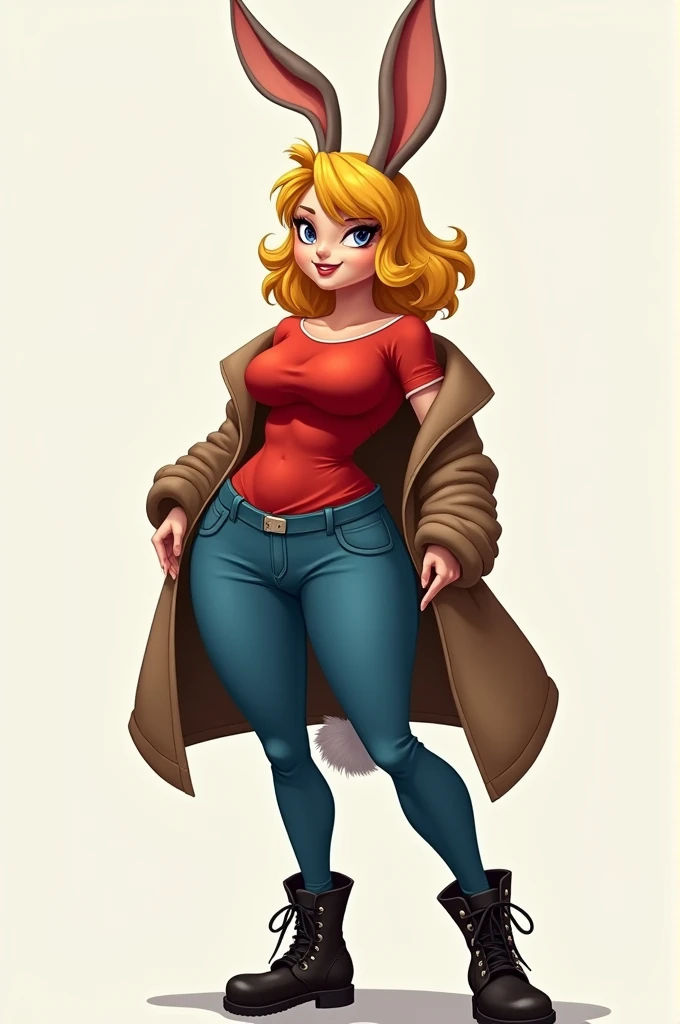 Furyy style brown bunny woman with yellow hair and red t-shirt and blue pants and brown coat and black boots with sexy pose and with big tits and big ass 