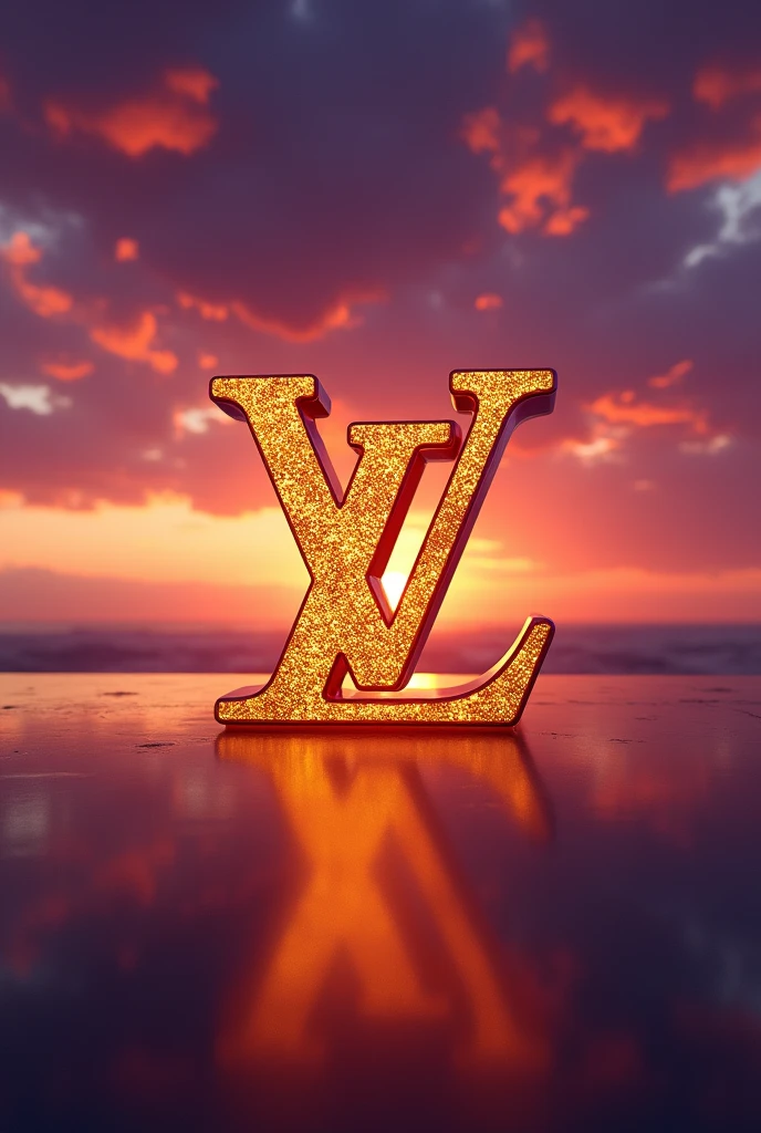 In a purple and orange sky is in gold letters LV