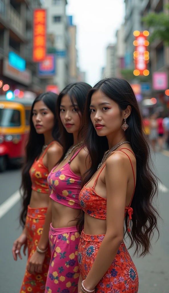 Thailand street girls standing on road