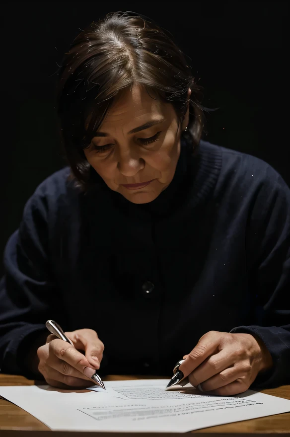 60 year old woman signing a document, Viewing the document using a sample photo, the photo is dark and it is nighttime and the photo is not so clear, with a white background so that the document is not very visible