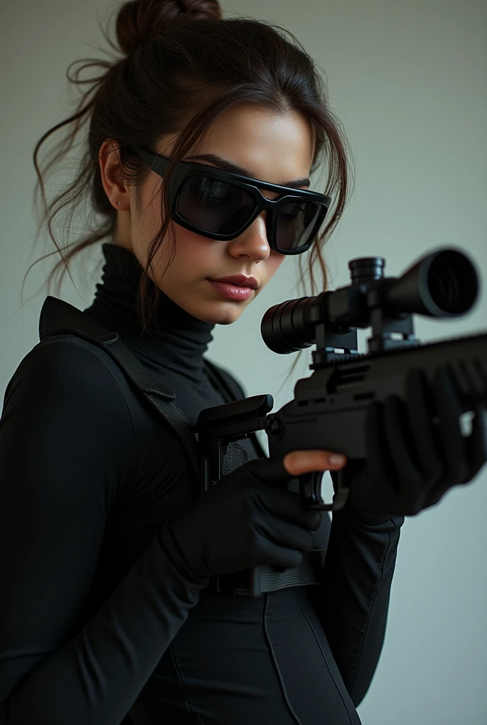 A women holding a sniper and wearing a black goggle and looking so.attractive and elegant
