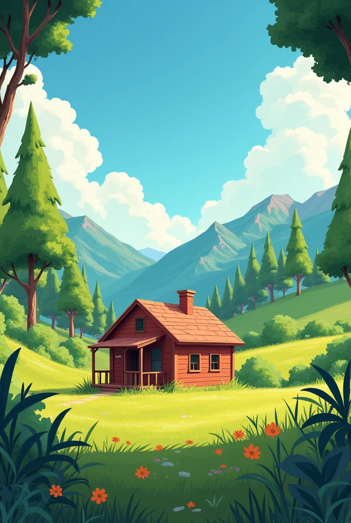 Zenon&#39;s farm only the red cabin , in animated form, the cabin further away and the sky and the trees can be seen, that the grass and trees are a little more noticeable, the house a little bigger




