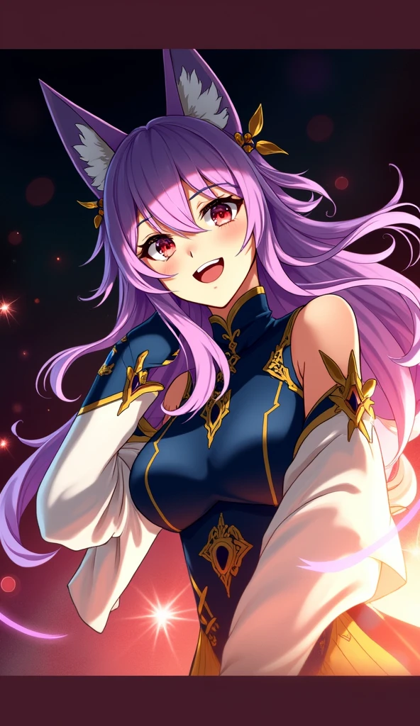 young girl with long light purple hair, purple eyes, fox ears, two crystallized foxtails, and three crystal flower marks on the forehead
