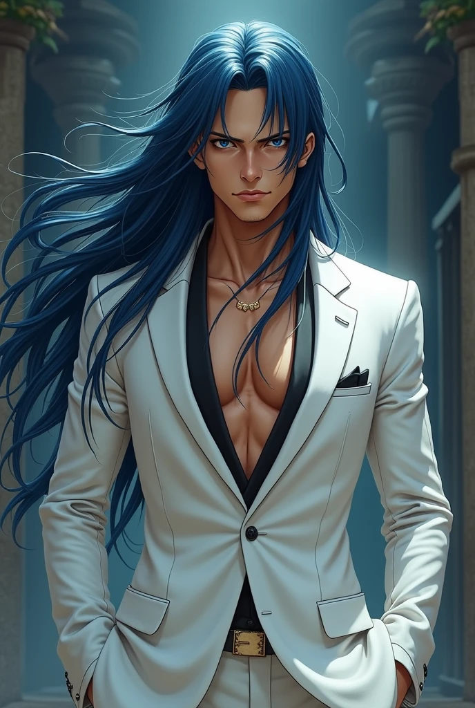estilo one piece , a man with long dark blue hair, delicate appearance, dressed in a white suit , Tanned skin and sharp fishman shark teeth