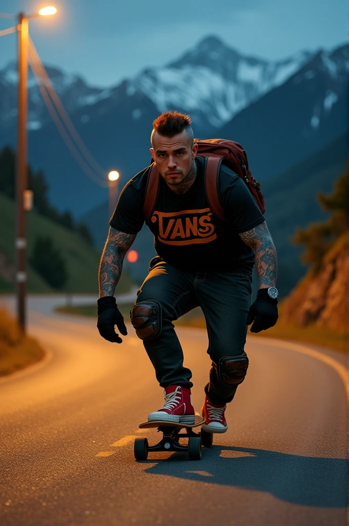 a fat Punk skateboarding with red mohawk and upturned jacket covered in tattoos on his arms,he is bodys is fat with a cool pose, confidently riding a skateboard down a winding mountain road ferry fasted, framed by the night golden light of the street. He is wearing a black t-shirt with a vintage VAN logo on his chest and a bag on his back, and denims jeans and use red converse shoes. The man look at the camera, his hands protected by black gloves, adding a personal touch to the thrilling scene. He also wears knee and elbow pads, ensuring safety as he navigates the turns with ease. The background is midnight lanscape features rolling green hills and snow-capped mountains in the distance, creating a stunning contrast to the rider’s dynamic movements, amplifying the excitement. In the distance. The image exudes the thrill of downhill skateboarding, the beauty of the natural scenery, and the fearless energy of the rider, with an Instagram-worthy night atmosphere.