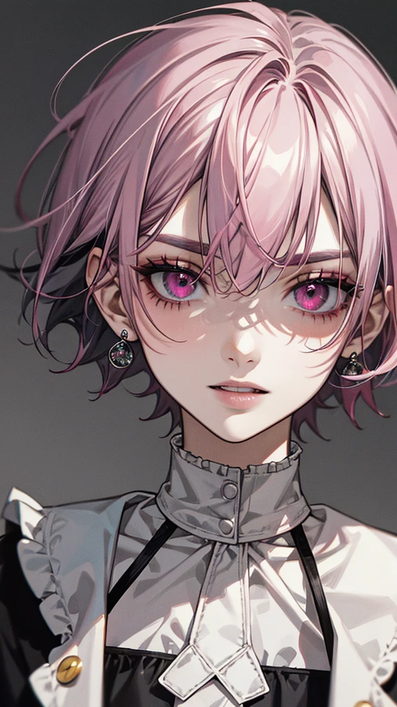 One person, (Gray Eye) ((Pink Hair Color| Black hair color)) , short hair, Pink clothes, Earrings, Laughter, ((solo)), Evil Eyebrows, (gray eye colour), (Face close-up, masterpiece, Highest quality:1.2), 8k, Official Art, Absurd,(very dark gray background:1.4), Surreal, High resolution, photograph, Film Grain, chromatic aberration, Sharp Focus, High resolution, colorless eyes