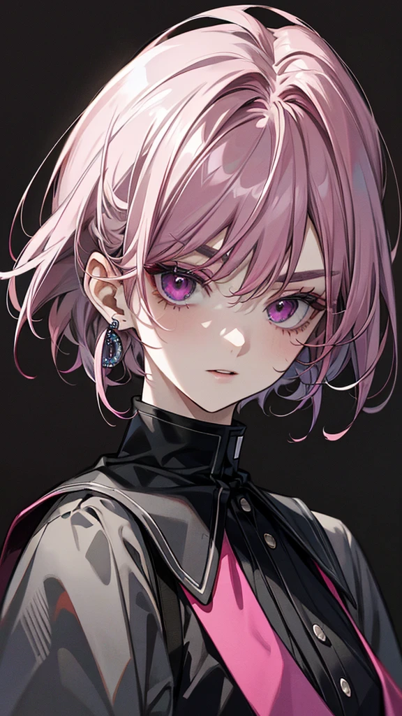 One person, (Gray Eye) ((Pink Hair Color| Black hair color)) , short hair, Pink clothes, Earrings, Laughter, ((solo)), Evil Eyebrows, (gray eye colour), (Face close-up, masterpiece, Highest quality:1.2), 8k, Official Art, Absurd,(very dark gray background:1.4), Surreal, High resolution, photograph, Film Grain, chromatic aberration, Sharp Focus, High resolution, colorless eyes