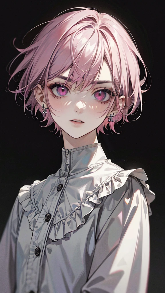 One person, (Gray Eye) ((Pink Hair Color| Black hair color)) , short hair, Pink clothes, Earrings, Laughter, ((solo)), Evil Eyebrows, (gray eye colour), (Face close-up, masterpiece, Highest quality:1.2), 8k, Official Art, Absurd,(very dark gray background:1.4), Surreal, High resolution, photograph, Film Grain, chromatic aberration, Sharp Focus, High resolution, colorless eyes