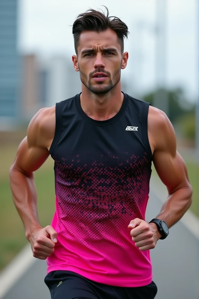 I want a sleeveless running shirt that starts from the bottom with a pink color and fades out in pixels upwards until it ends with a black color.