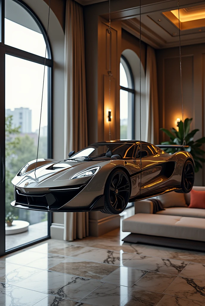 Super sports car hanging from cables near the ceiling of the living room of a luxurious mansion