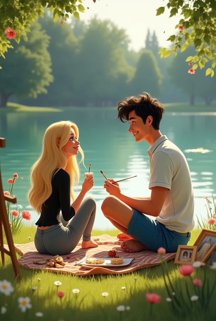 Disney style animated image of a couple sitting next to a lake having a picnic on the grass with pictures and paints to paint. She has wavy blonde hair and he is tall with white skin and curly black hair. He has very masculine features and she is very feminine. She is wearing gray pants with a black blouse and he is wearing blue shorts with a white shirt.
