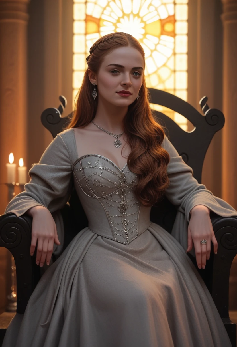 3D art of Sansa Stark, glamour photo, Game of Thrones style and aesthetic, Sansa Stark, sexy character art, HD poster, medieval art poster from Game of Thrones, beautiful, stunning detail, dim orange lighting, dark throne room
