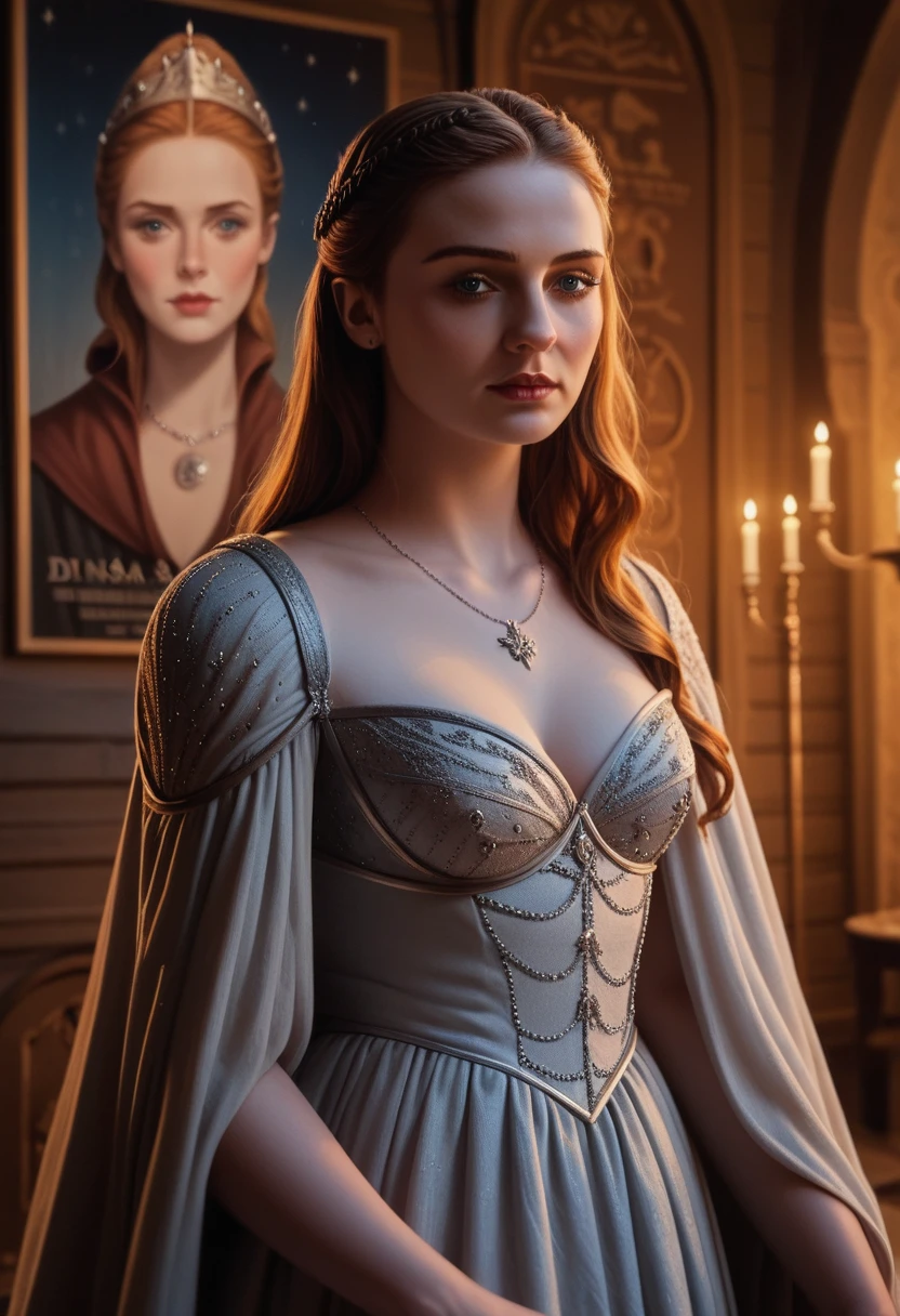 3D art of Sansa Stark, glamour photo, Game of Thrones style and aesthetic, Sansa Stark, sexy character art, HD poster, medieval art poster from Game of Thrones, beautiful, stunning detail, dim orange lighting, dark throne room
