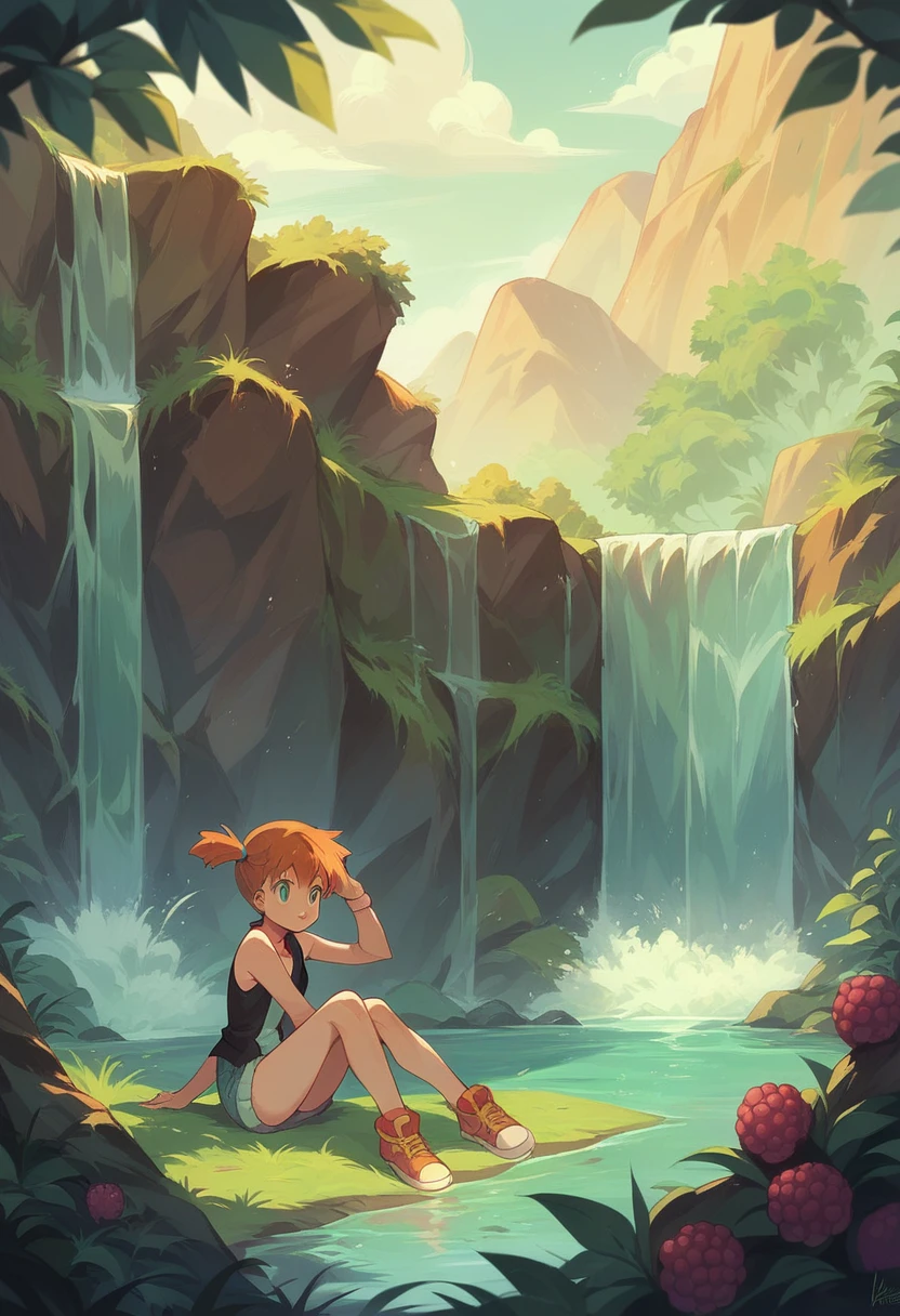 natural landscape, waterfall, wallpaper, Misty_pokemon , Berry Short, Orange Hair, one side up hair ,Big green eyes. Dawn light brown hair, blue eyes, hat) high quality, 8k, high quality, original design, together,