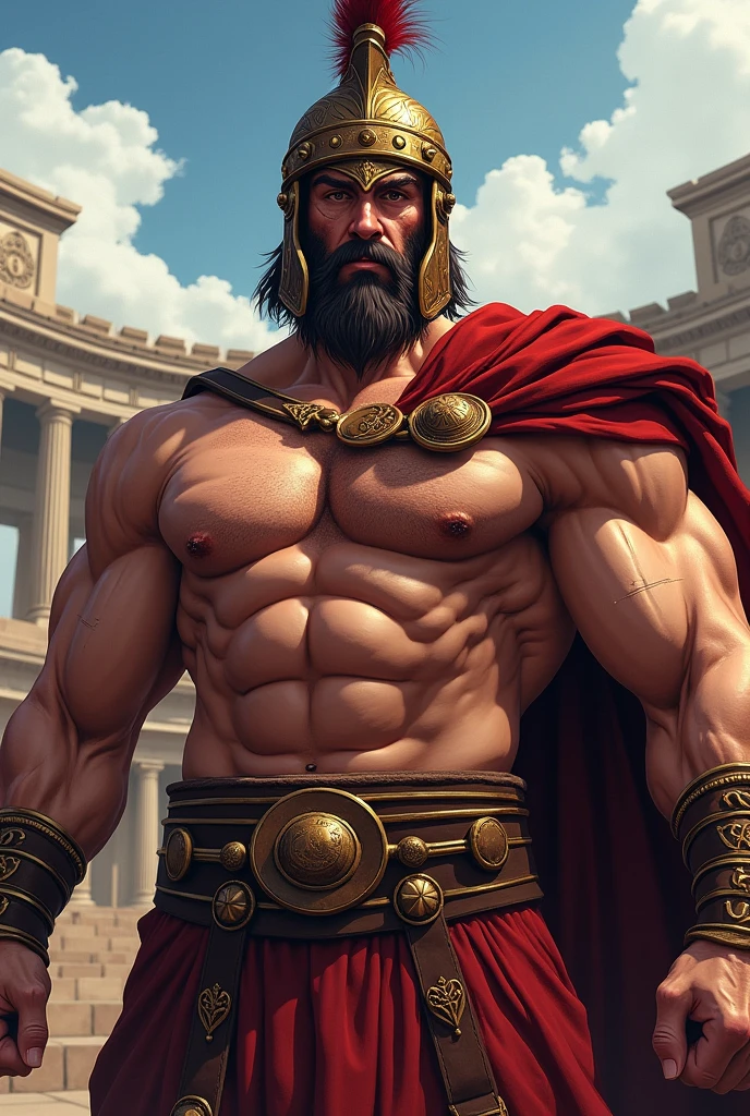 {Greek warrior}{gladiator}{ Closed clothes with only the chest shown} {huge scar on the chest}{アニメ}{scar on the right eye}{closed beard}{roupas de gladiator e capacete}