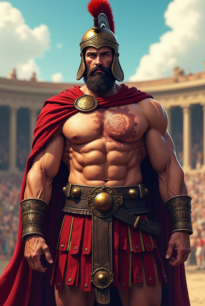 {Greek warrior}{gladiator}{ Closed clothes with only the chest shown} {huge scar on the chest}{アニメ}{scar on the right eye}{closed beard}{roupas de gladiator e capacete}