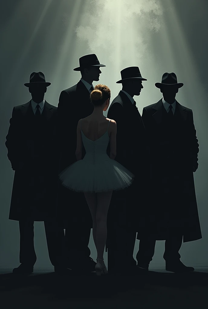 "A book cover with a dark background, in shades of gray and black, showing only the silhouettes of four young mobsters and a blonde ballerina. The shadows of the mafiosos, highlighting youth and virility, are wearing hats and long coats, conveying an aura of mystery and power. The silhouette of the ballerina, in an elegant pose, stands out among them, bringing a subtle and intriguing contrast."