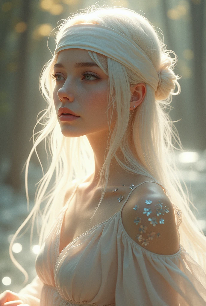 "A mysterious and ethereal female character with long, flowing white hair tied in an elegant updo. Her eyes are covered by a delicate white blindfold, adding a sense of mystique to her appearance. She wears a soft, flowing garment with intricate floral patterns, and her look is complemented by soft, warm lighting that accentuates her flawless, pale skin and slightly parted lips. The overall composition has a serene and almost otherworldly atmosphere, with soft light and shadows creating a dreaml