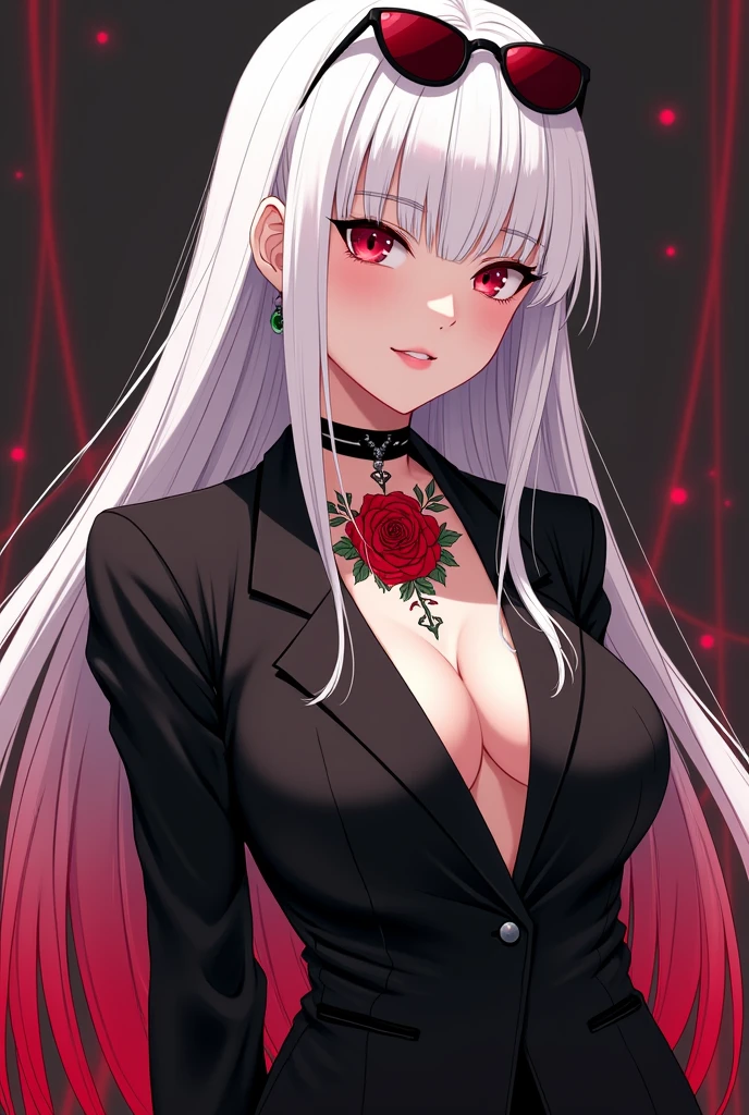 An image of Izana Kurokawa from the Anime Tokyo Revengers but in her female version with white skin, long white hair with tips that fade to red wearing an elegant black business suit while on his neck he has a tattoo of a rose and he has sunglasses on his head. All with the animation and drawing style of the anime and manga Tokyo Revengers.