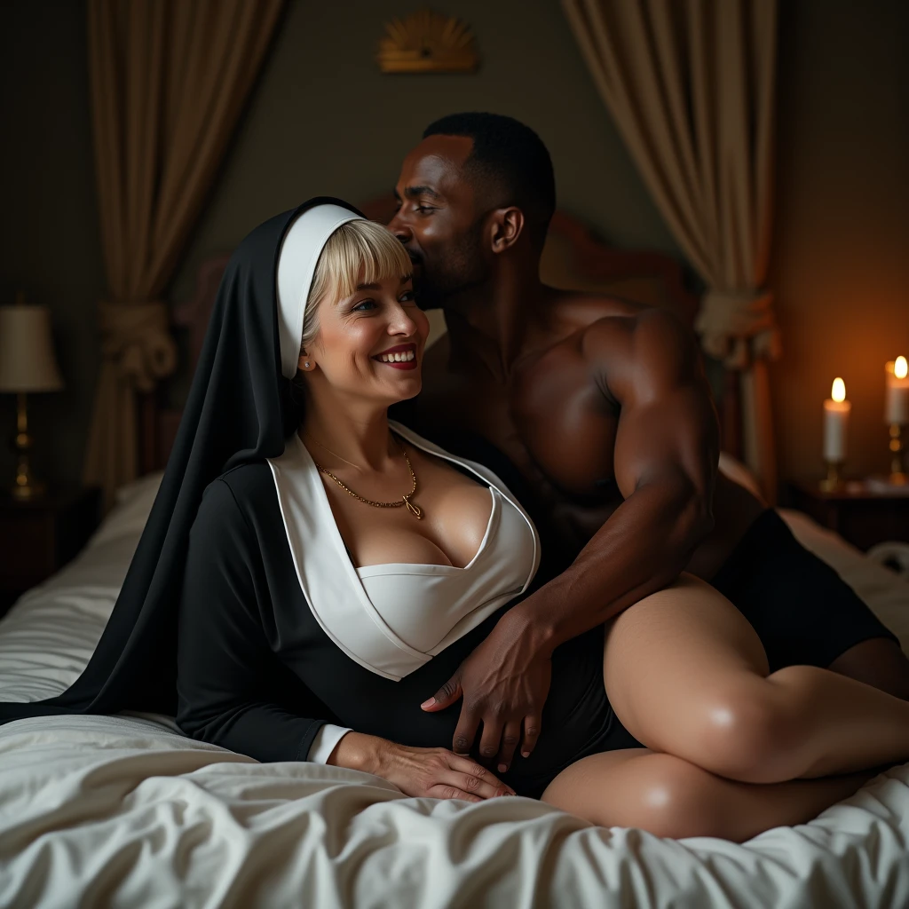 (Woman dressed as a nun with a very big butt, 120cm ass lying on all fours on a bed for a shirtless muscular black man to have sex with her) (Photorealistic:1.4), (Masterpiece artwork:1.3), (Maximum quality:1.4), Ultrarealistic, HD 8k,
full body showing very big ass, quadril avantajado e seios enormes e proporcionais
Woman madura, aged 50, with a very big ass and huge breasts dressed as a nun
(Cao Cao (muscular) black male )),
man black lycra thong, powerful jaw, dominant, Big muscular arms, broad chest, narrow waisted, strong legs, clean face,
her bright expression, extremely beautiful, awesome gorgeous, Extraordinary beauty, Detailed cute e beautiful face, Beautiful big blue eyes,freckles, blonde hair with short bun, small and cheerful nose, thin red lips, beautiful bangs, Bright, glowing white skin, Bangs that extend to the face, tight body, toned abdomen, sexy buttocks, huge and steep, subtle makeup, extremely pale Woman, Extremely pale skin,
(candlelit castle room), dark lighting, the nun has a very big ass, wide hip de 120 cm, huge breasts alternative vibe,vibrant lighting, hight contrast,dramatic shadows,highy detailed,skin detailed,Depth of field,dynamic angle,bright lighting, film grain,
Woman (translucent gold swimsuit)
men's lycra thong,
full body view, Woman e man show desire, (man holding her neck kissing her), legs intertwined, full steing view, Look of desire, sensual bite lips , 5 fingers, Perfect feet, passionate pose, ((uncovered body)), full body exposed, (NO DEFORMATIONS), (no tattoos), (perfect toes), extremely explicit e erotic, detailed chest, nun with a big ass, very big tits, wide hip, elderly nun with a spectacular body