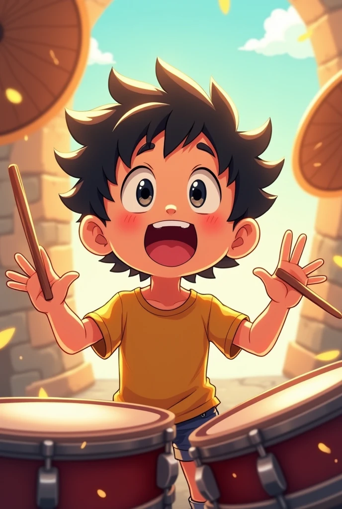 A boy is carrying and playing drums with his bare hands in anime style ,his face is a little bit upwards,his face is filled with joy