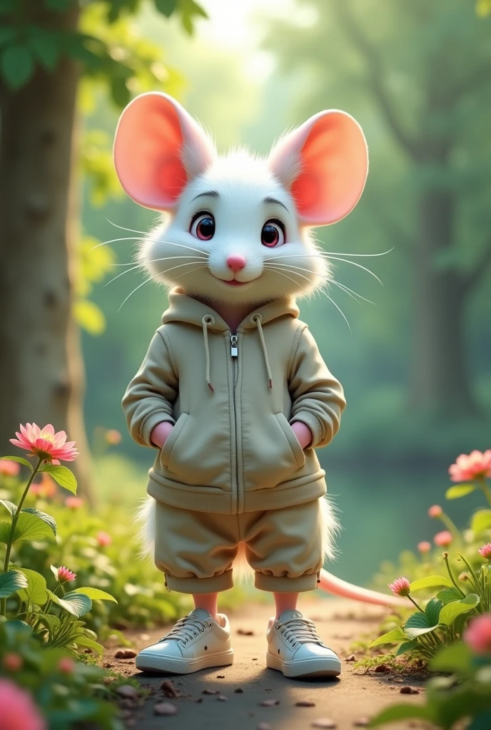 White mouse posing as a teenager Standing in sneakers, in an environmental park, with your hands out of your pockets