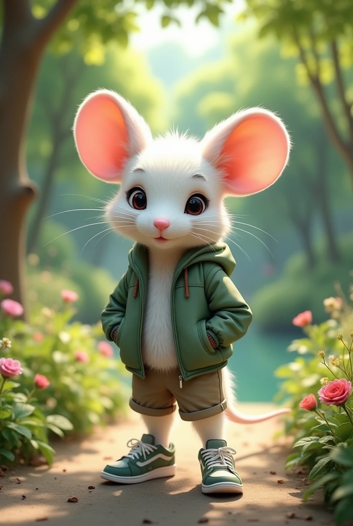 White mouse posing as a teenager Standing in sneakers, in an environmental park, with your hands out of your pockets