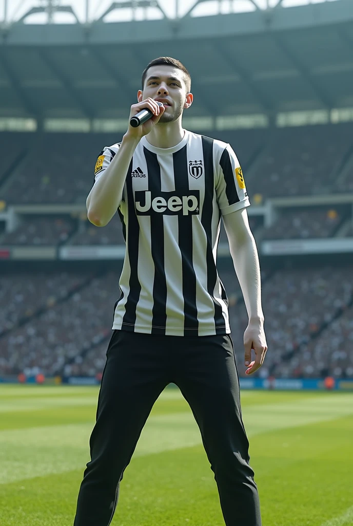 one  men, white skin color, short, cropped black hair, with black and white striped hawk shirt, em on, with microphone in hand on a football field.