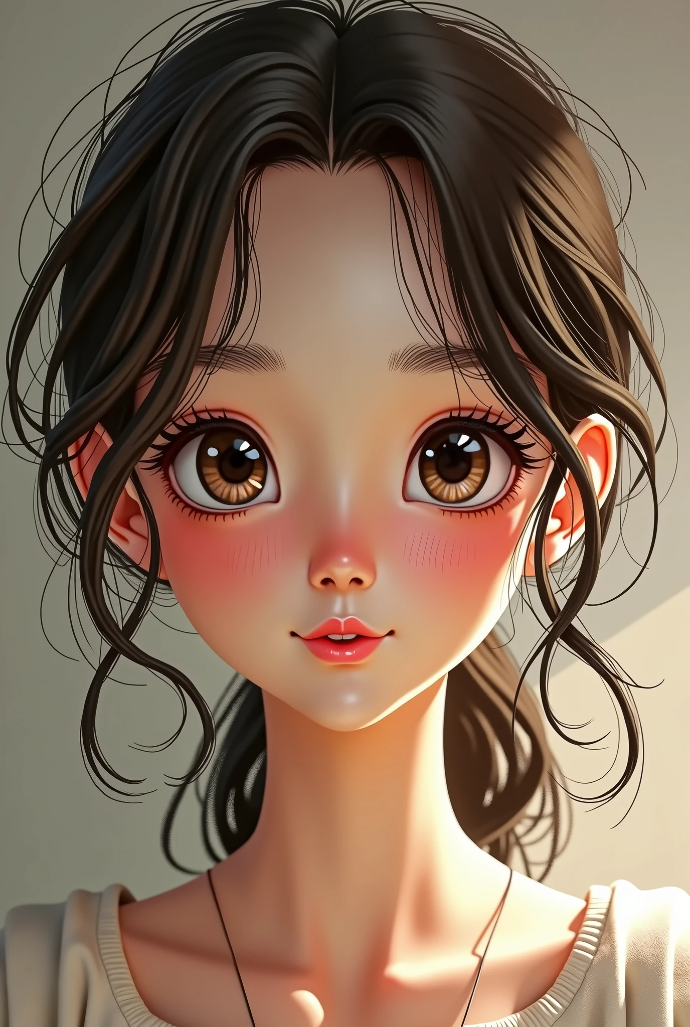 The face is round and the eyes are large short The nose is neither high nor low woman
