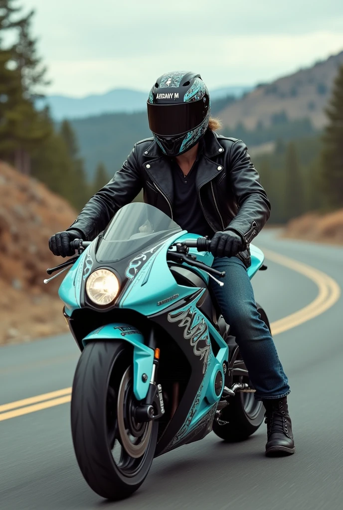 A biker with his light blue and black motorcycle with the name Ardany M.