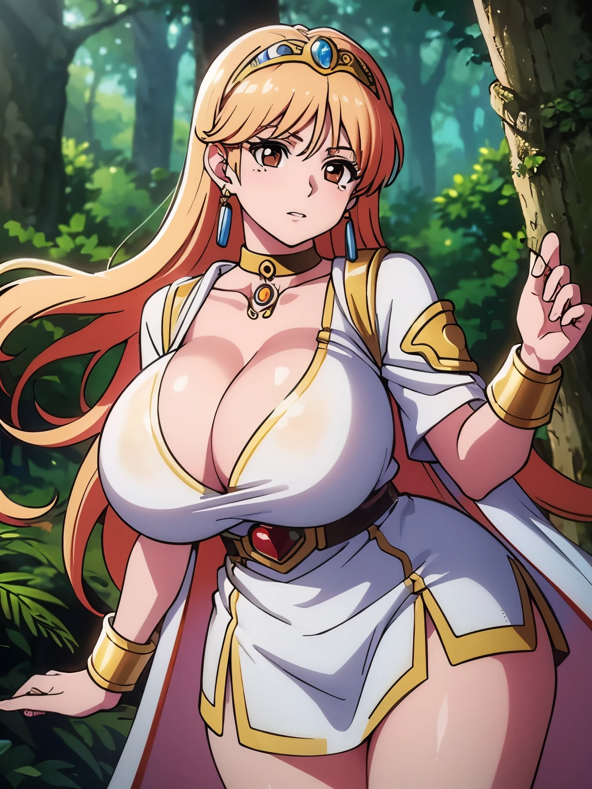 (masterpiece, highest quality:1.2), Ultra-high resolution), RAW Photos, Professional Lighting, Cinema Lighting, (1 girl), Leona, レオナ, Dragon Quest:dai no daibouken, (blonde, Long Hair, Brown eyes, string tiara, hair ornaments, bangs), (earrings, brass Circlet, choker, white cardigan, green short dress, knee high socks, golden bracelet, golden pads, white cloak), (((ultra large natural breasts, Super huge tits, Super huge boob, Super huge cleavages))), (((trees, realistic & detailed ivy, realistic & detailed swamp, dark forest, deep forest, dark atmosphere))), detailed face, detailed eyes, clear & fine eyes, realistic & detailed walking gesture, view her from directly back, directly behind angle, 