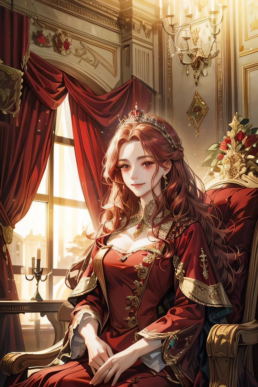 couple, royal style, red wine gown and suit, smile and charming, quiet but gentle, red attire suit, red eyes, royal palace, red wine wavy hair, red rose flower bloom, royal palace, masterpiece, detailed eyes, detailed body, accurate