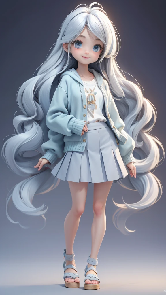masterpiece, best quality, 8k, cinematic light, ultra high res, chibi, 1girl, silver iceblue long hair, Full body picture, casual outfit, straight hair, Box Pleat Skirt, SPORT SANDALS,cute Cardigan, blue eyes, tall body, solid background, smile, Complicated details, angelic halo, casual pose, realistic eyes