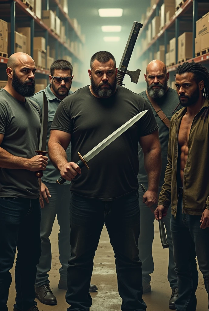 Four white men and one mulatto looking at the camera holding bladed weapons described below for each one ,being 1 bearded bald man with a cleaver, second man with glasses, beard and hair, wearing a Nike shirt with a katana in his hand , third a tall bald white man without a beard with a viking body with a guts sword ,the fourth a chubby guy with hair and beard with a fishbone, fifth with strong nudreds hair and with sword, in the background of the image shelves and stock boxes