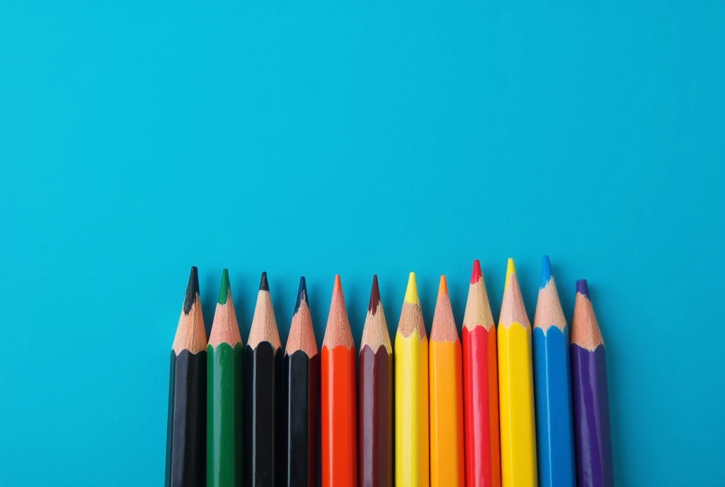 Pencils in a row on a blue background 4k