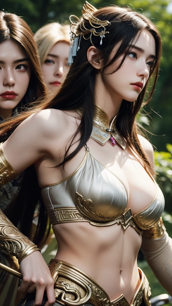 3girls, masterpiece, Best Quality, Illustration, Ultra-detailed, finely detail, hight resolution, 8K Wallpaper, Perfect dynamic composition, Beautiful detailed eyes , Sexy face,Face feeling ecstasy,Face at the peak of sexual arousal, looking at viewer, ((ancient chinese outdoor background)), in the style of Mark Demsteader, silver metal body armour, huge breast, dark long hair, perfect slim body, abs, hair ornament, sharp ears