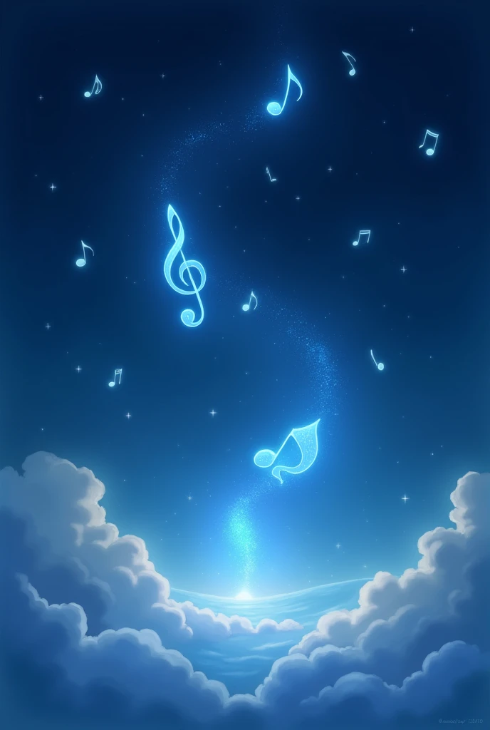 Light blue musical notes, night sky, background only, cute