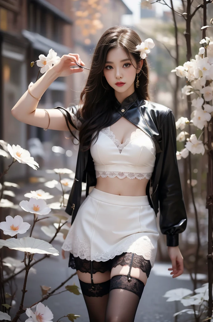 black-leather-shorts-syogi, shorts, lace, black thighhighs, see thru top, midriff(Quality Improvement:1.4),1 Girl, Full breasts,Visible cleavage,Sexy long legs,The skirt is very short,She gently lifted her skirt with one hand,Surrounded by white Phalaenopsis orchids,Lilac dendrobium、White Lily, Flying petals,(Top quality leather), Delicate face,Black Hair, Gradient hair, Body,(Body1.1), He has a precious gem on his forehead.., outstanding student,Long eyelashes,Smile, Surrealism, Movie Lighting, Projection Insert, Surrealism, Ultra HD, masterpiece,lie,Keep dreaming,Open your legs slightly.,Tattoo,Fantasy Space,Luxurious space,Exquisite makeup,blush,Shy expression