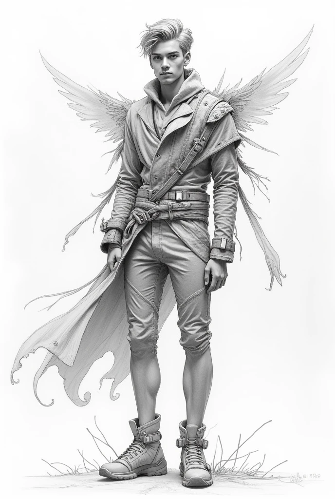 Make a male version Create an outfit for a fashion show with the following theme and inspiration pencil drawing style as a sketch of a drawing of a fashion outfit a little drawing style a little simple in the drawing style and more elaborate in the style of the outfit now to finish make it in the style of a sketch of a drawing of a dress/fashion clothing made by a human being make the style of the clothing a little more elaborate remember to put more fabric on the clothing don&#39;t forget the wings and the roots now I want a men&#39;s version of the clothing try to sneeze in slightly old clothes I want it from the front  :

theme: Roots and Wings Inspiration: This concept explores the duality between the roots that keep us anchored and the wings that allow us to fly.. The piece symbolizes the importance of recognizing our origins as we seek freedom and personal growth..