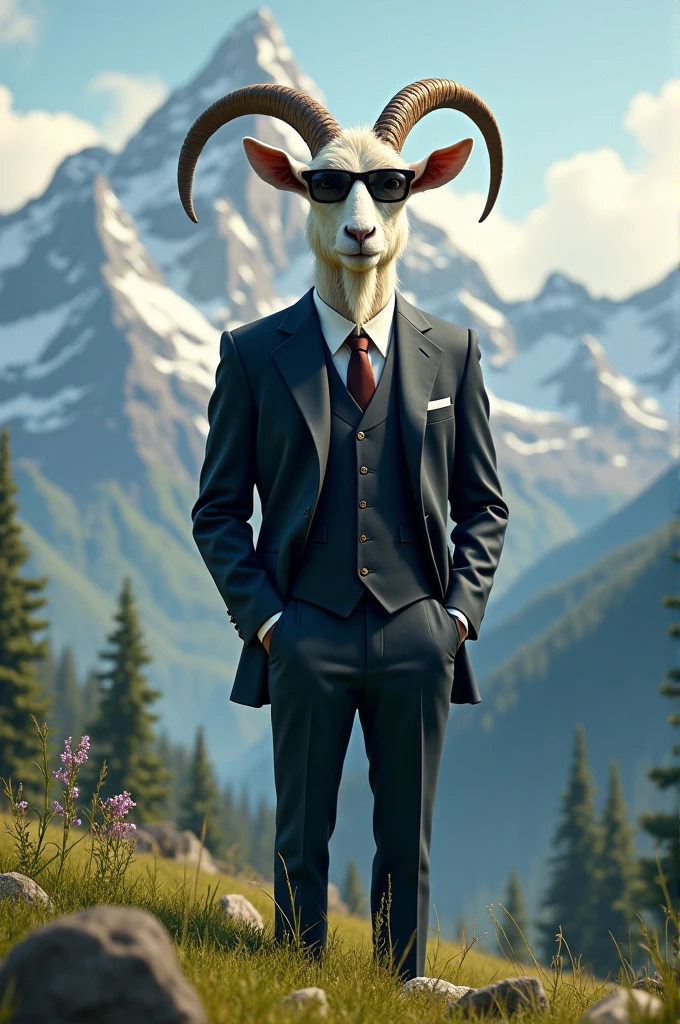 Un bouc majestueux, habillé en costume trois pièces, avec une cravate et des lunettes de soleil, debout fièrement sur une colline verdoyante avec des montagnes en arrière-plan.